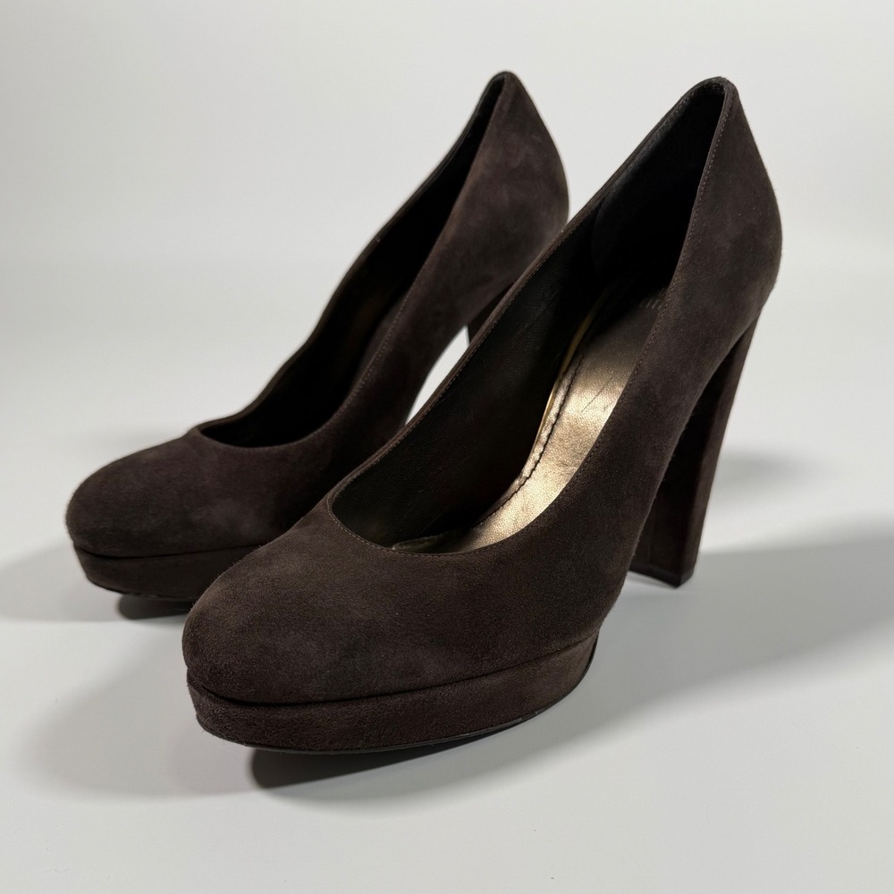 Stuart Weitzman Brown Suede Platform Pumps Block Heel Dark Academia 9.5